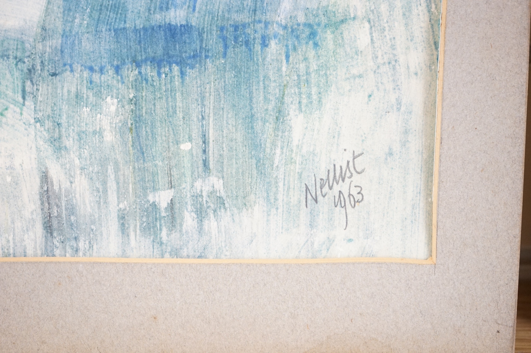 Nellist, mid century mixed media on paper, Abstract composition, signed and dated 1963, mounted, 35 x 48cm, unframed. Condition - fair